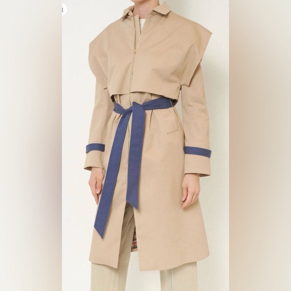 Julise Magon Beige Trench Coat with Blue Accents Sz M/L NWT